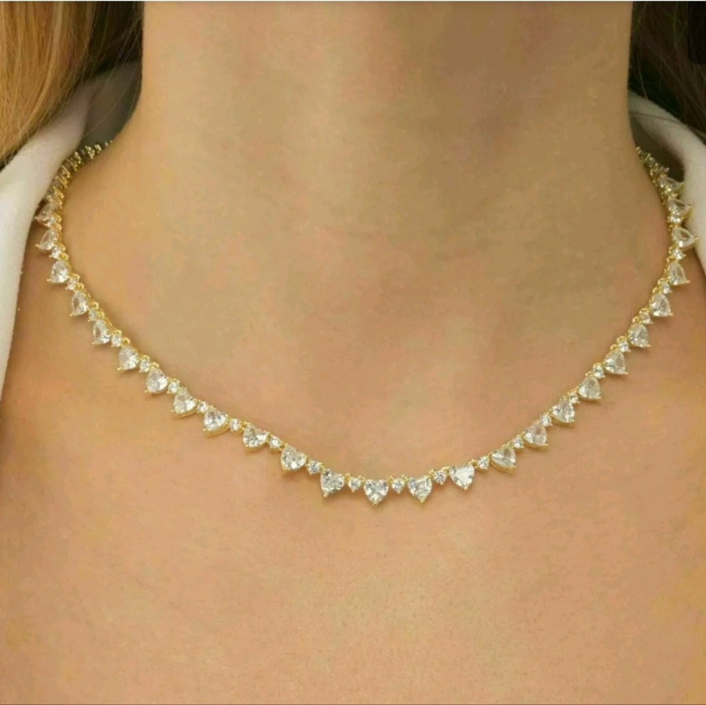 Delicate 17ct Heart Cut Simulated Diamond Tennis Necklace New
